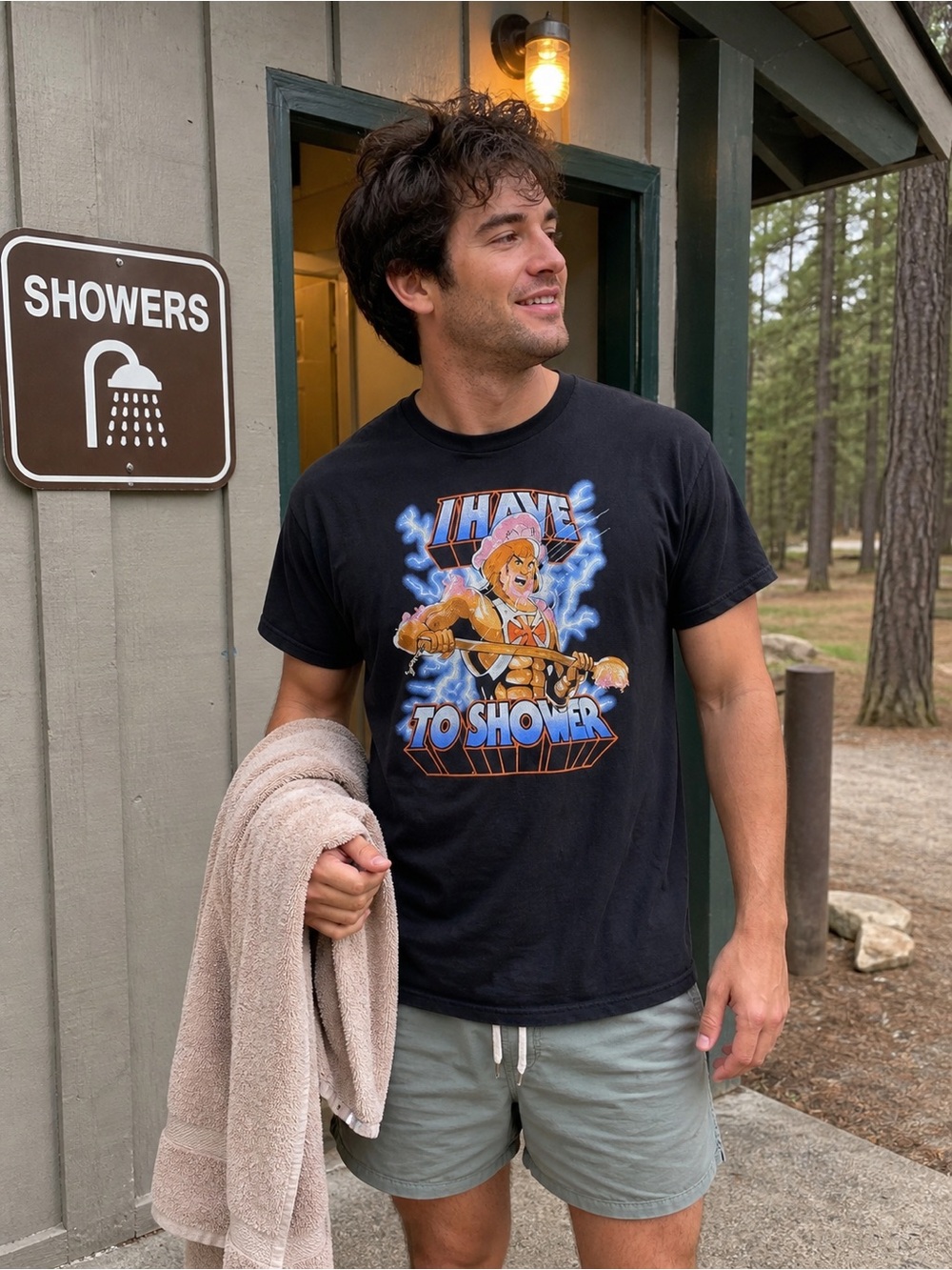 Ript He-Man “I Have To Shower” Funny Graphic Tee Retro Meme T Shirt Men’s